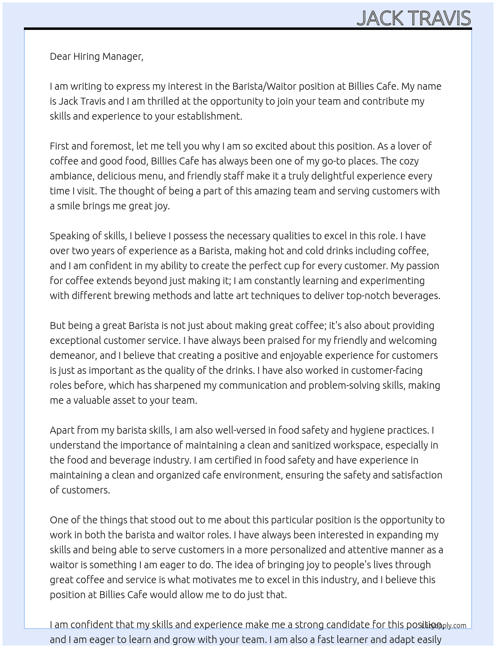 Barista/ Waitor  At Billies Cafe  Cover Letter