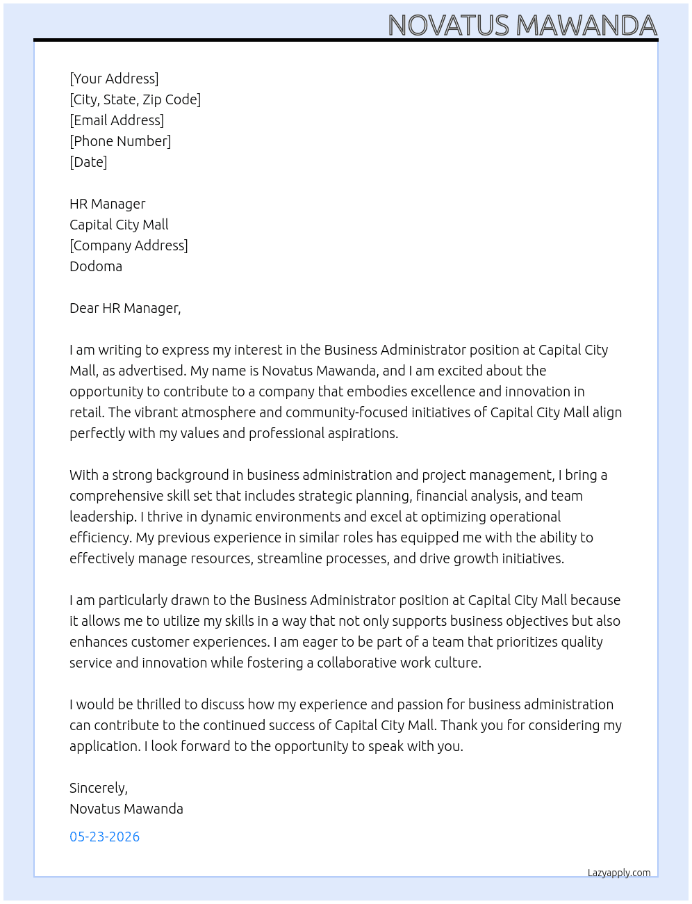 BUSINESS ADMINISTRATOR At CAPITAL CITY MALL Cover Letter