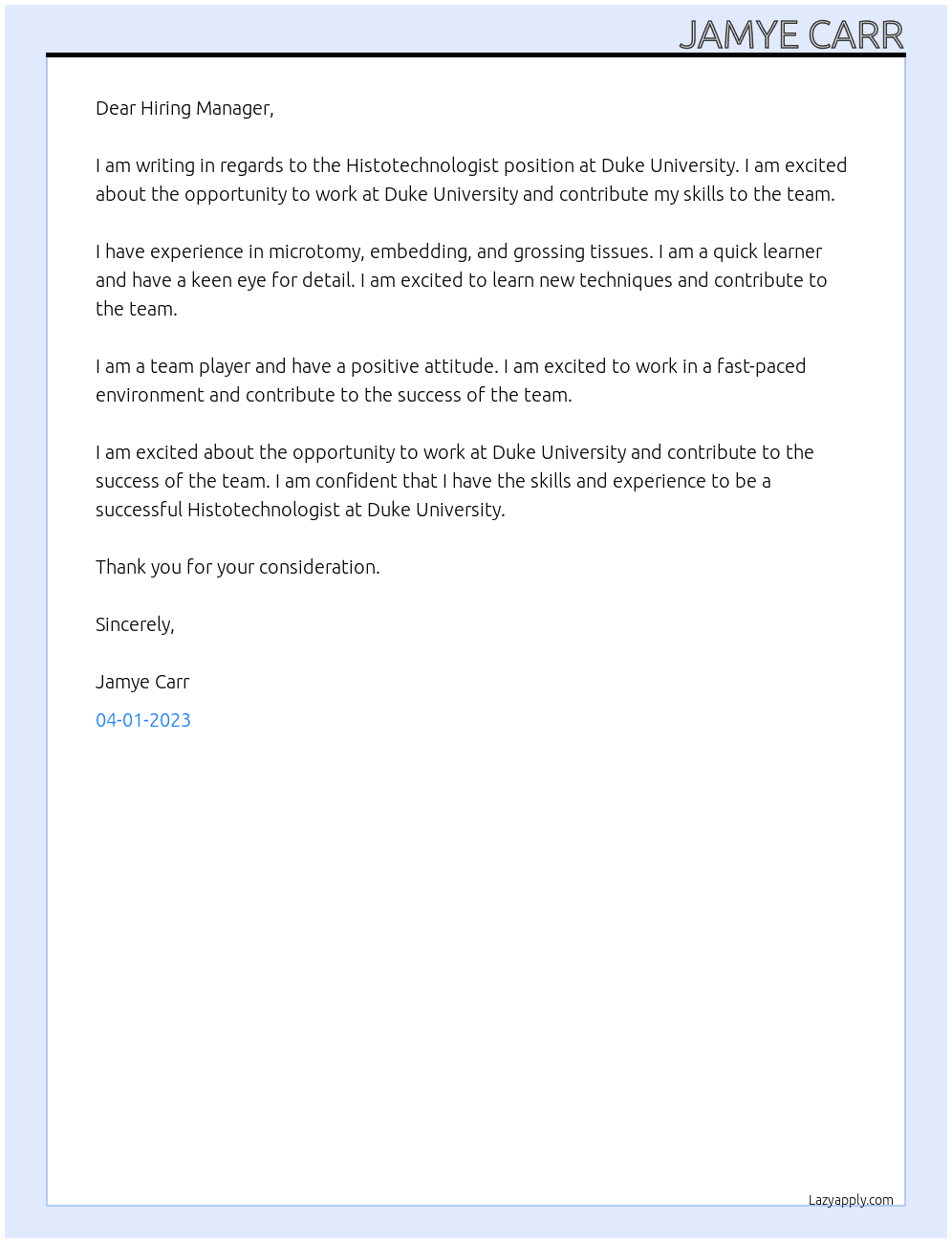Histotechnologist At Duke University Cover Letter