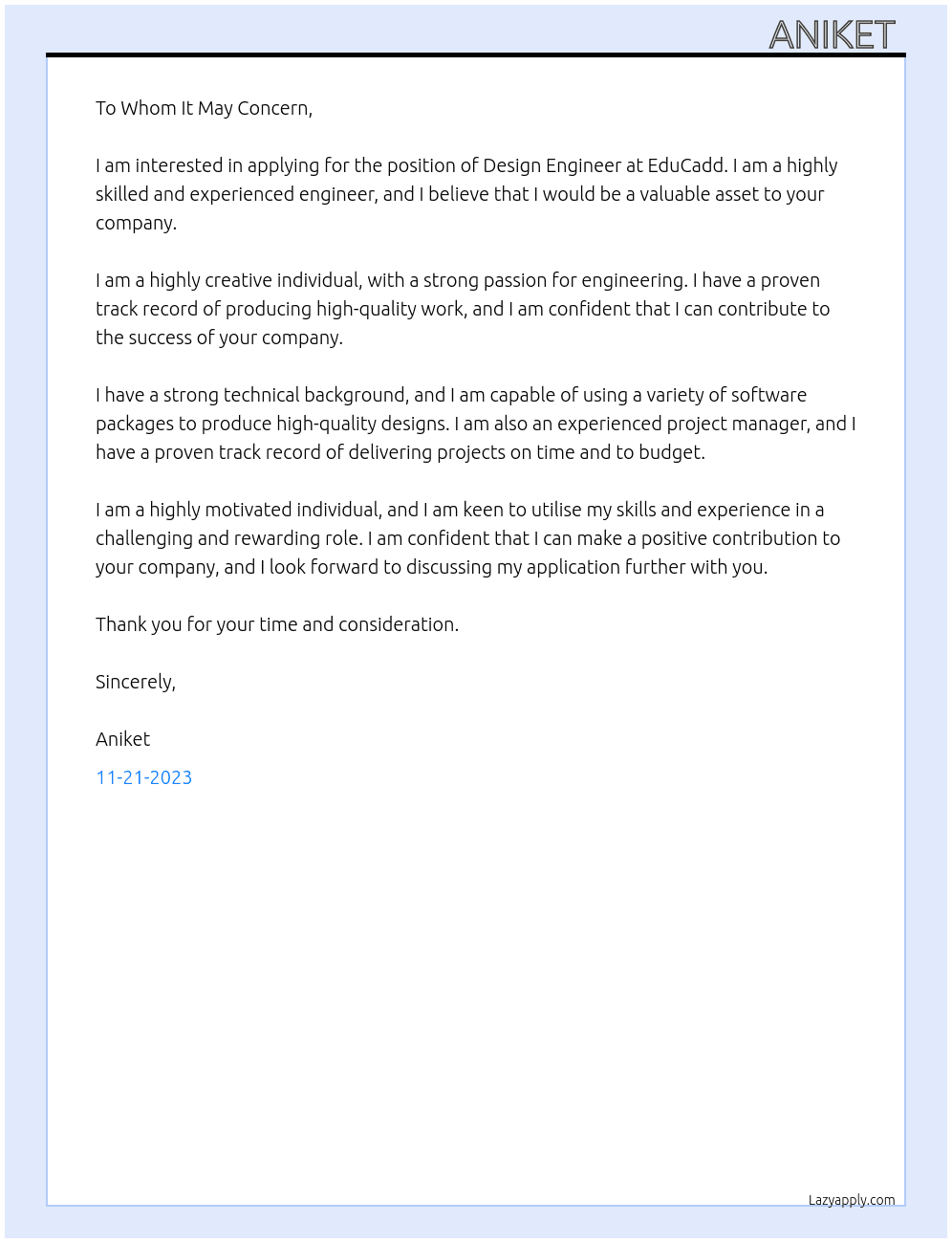 Design Engineer  At EduCadd Cover Letter