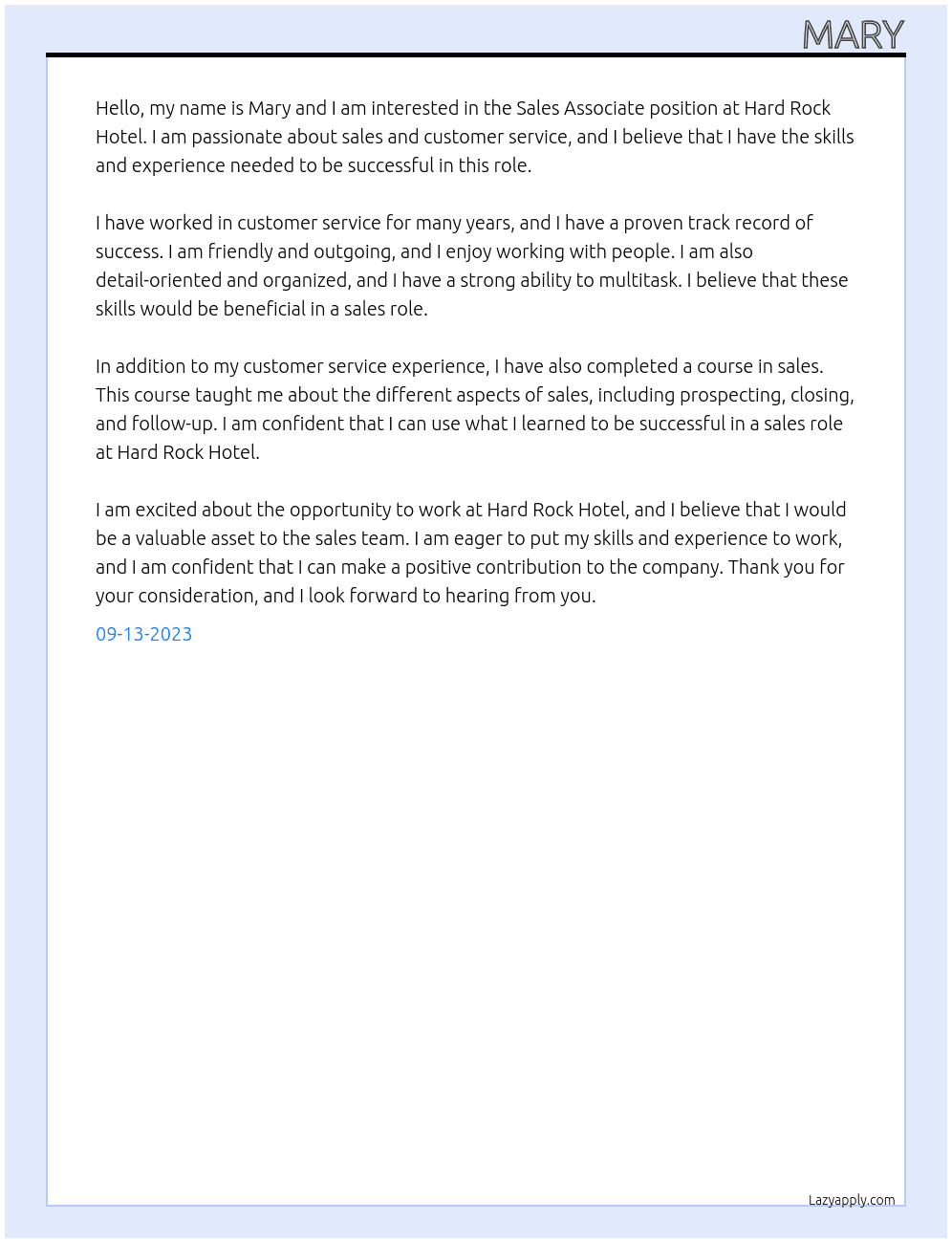 sales associate At Hard Rock Hotel Sales Associate Cover Letter