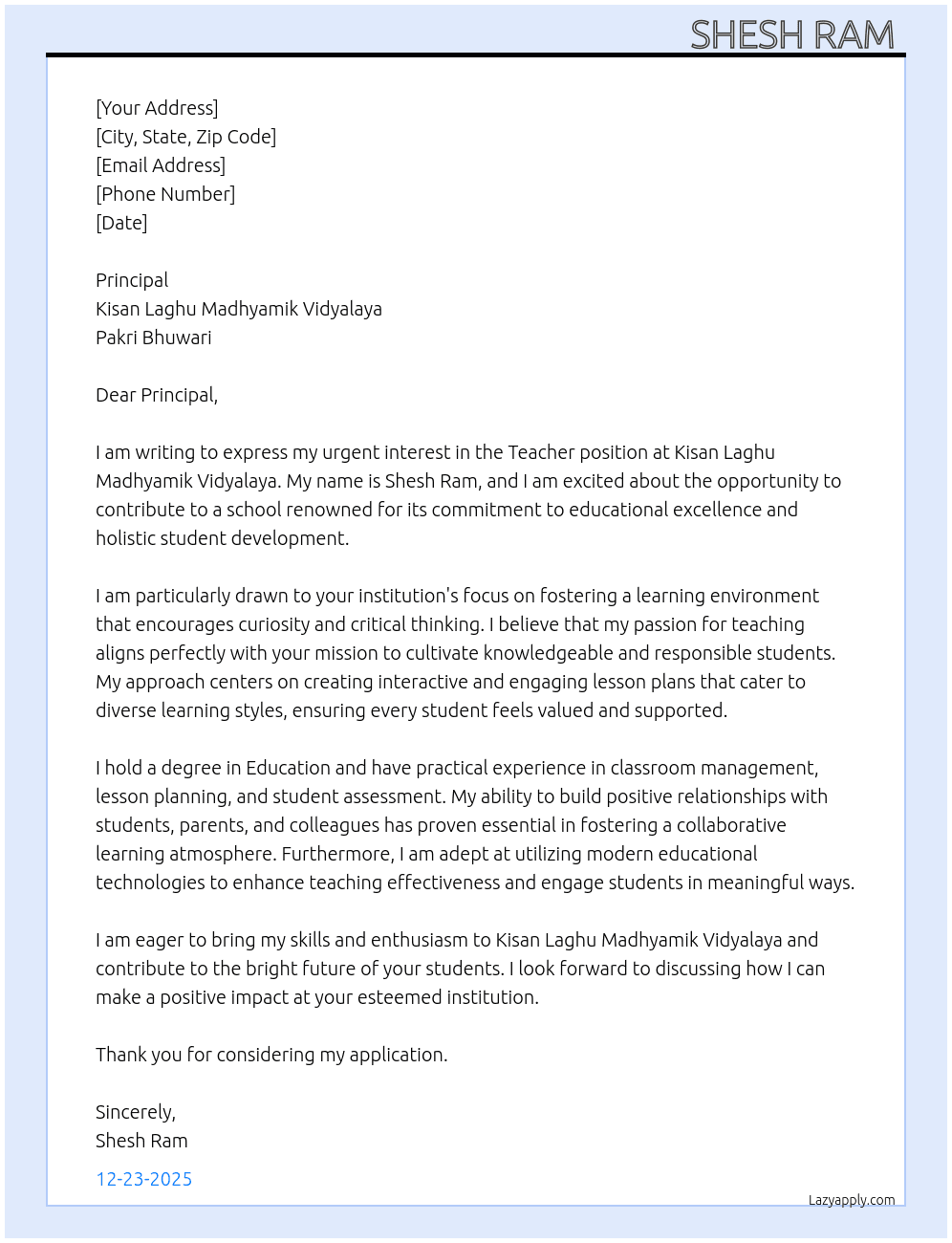 Teacher  At Kisan laghu madhyamik vidyalaya pakri bhuwari  Cover Letter