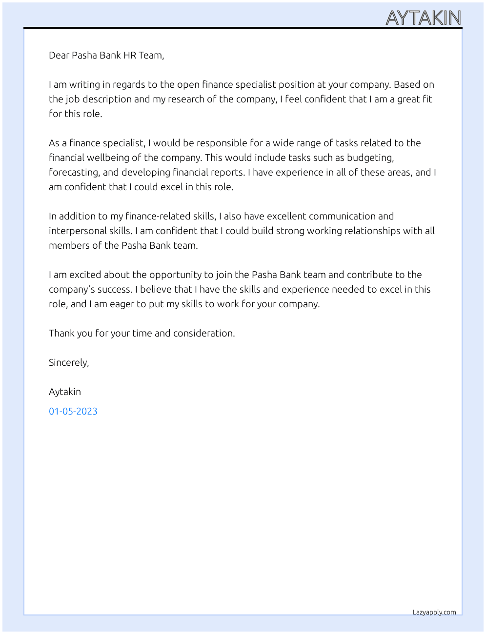 Finance specialist At Pasha Bank Cover Letter
