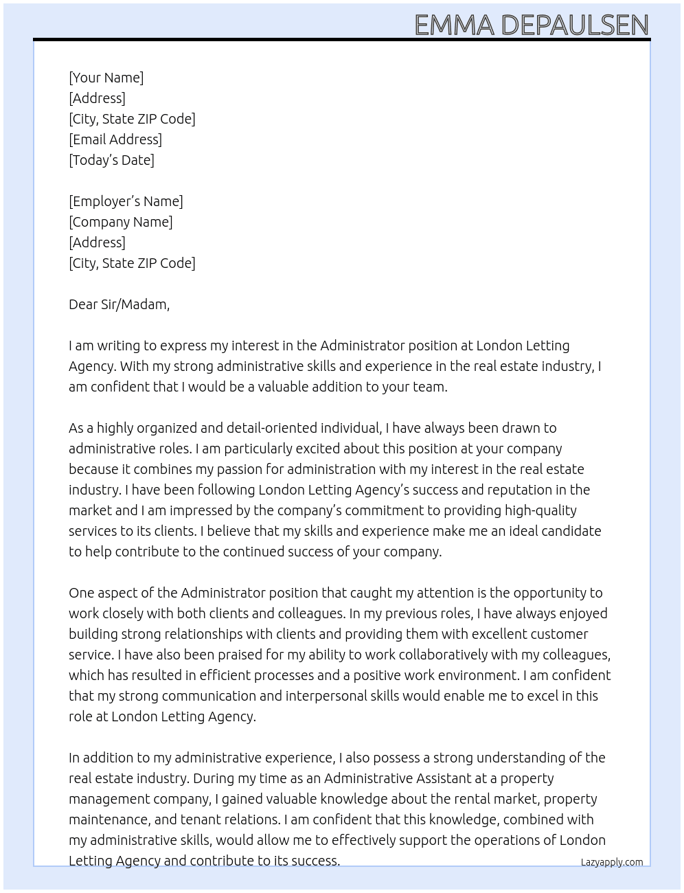 Administratior At London letting agency Cover Letter