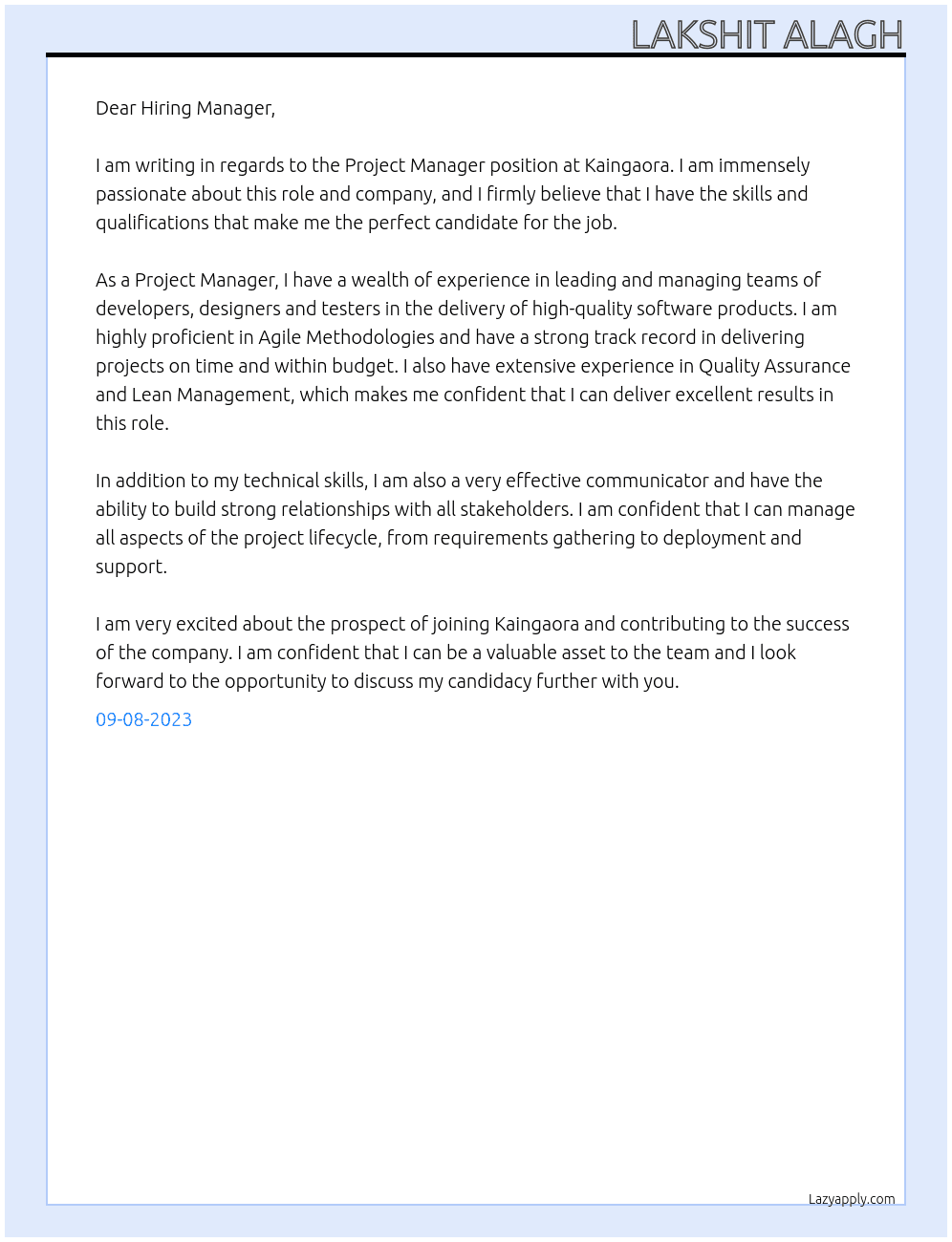 Project Manager At Kaingaora Cover Letter