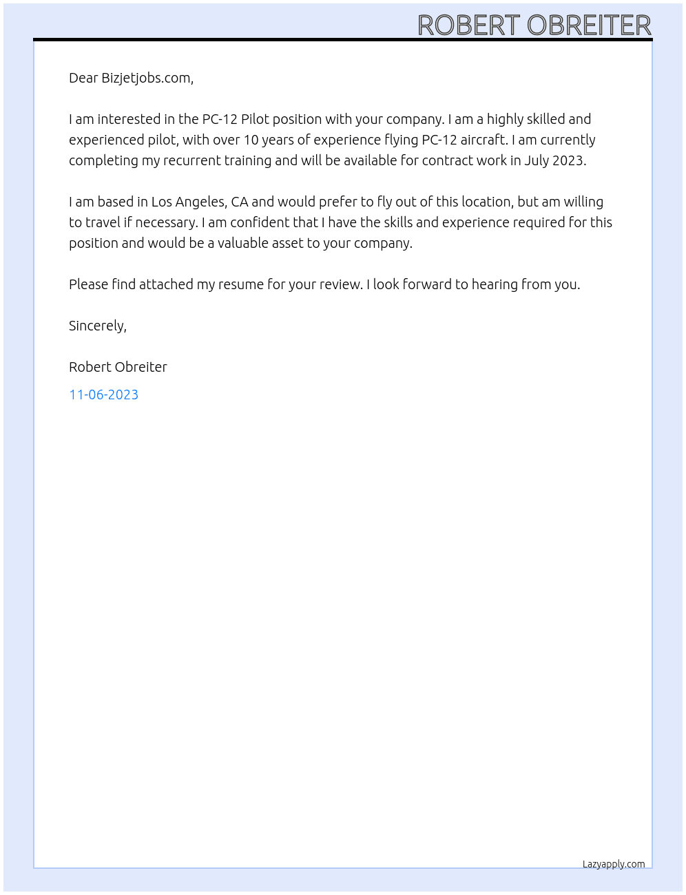 PC-12 Pilot At bizjetjobs.com Cover Letter
