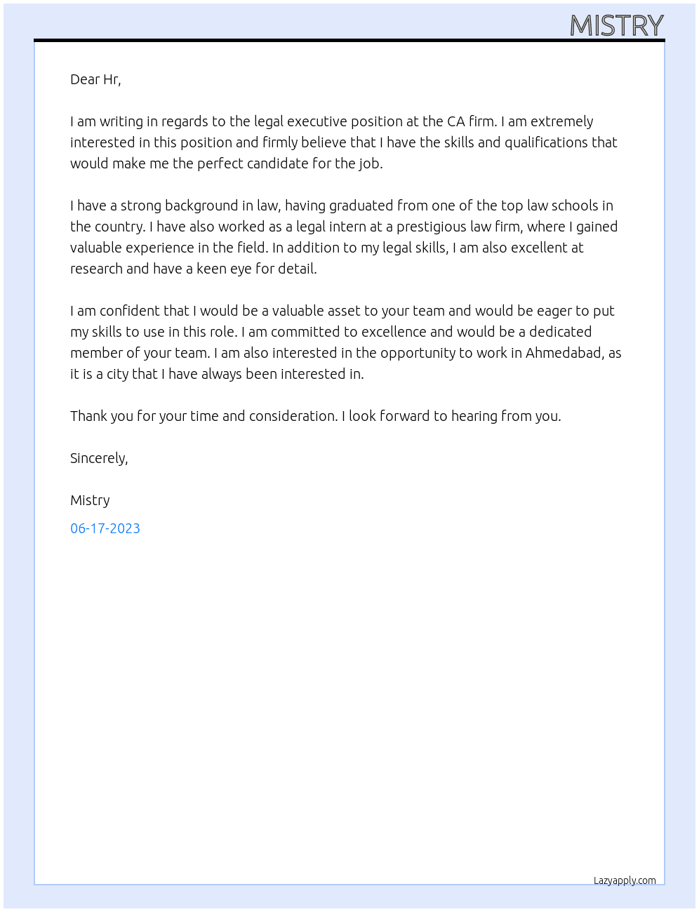 Legal excutive  At CA firm Cover Letter