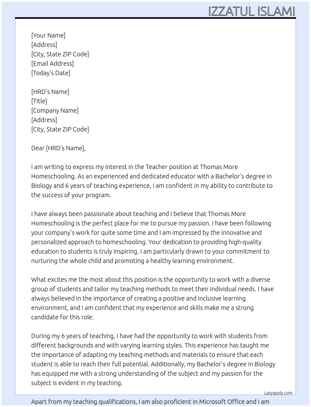 Teacher At Thomas More Homeschooling Cover Letter