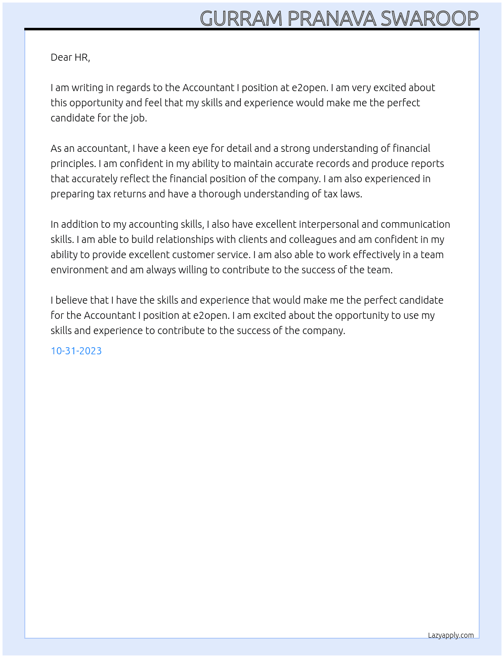 Accountant I At e2open Cover Letter
