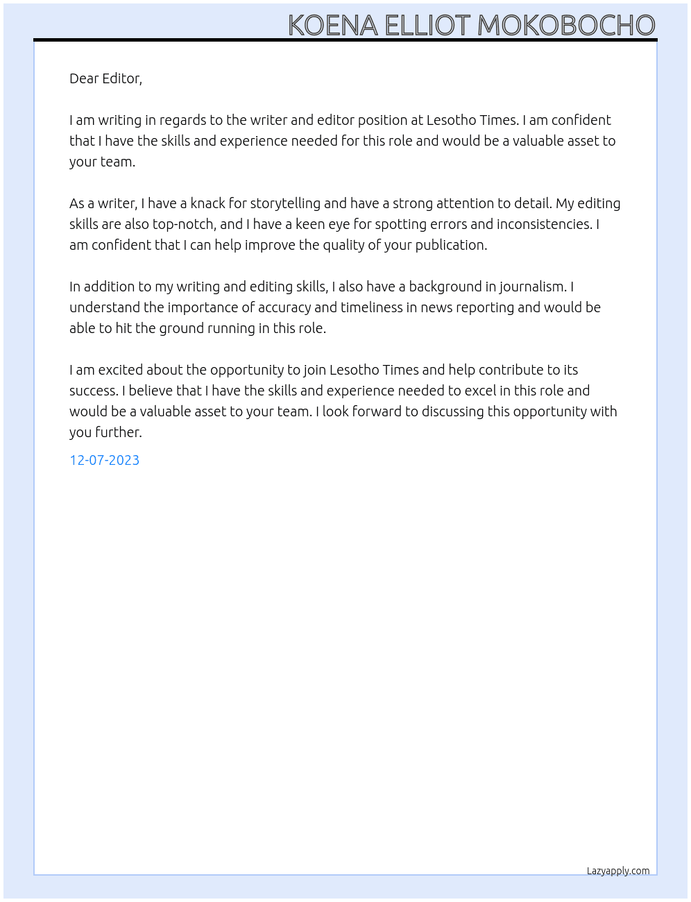 writer and editor At Lesotho Times  Cover Letter