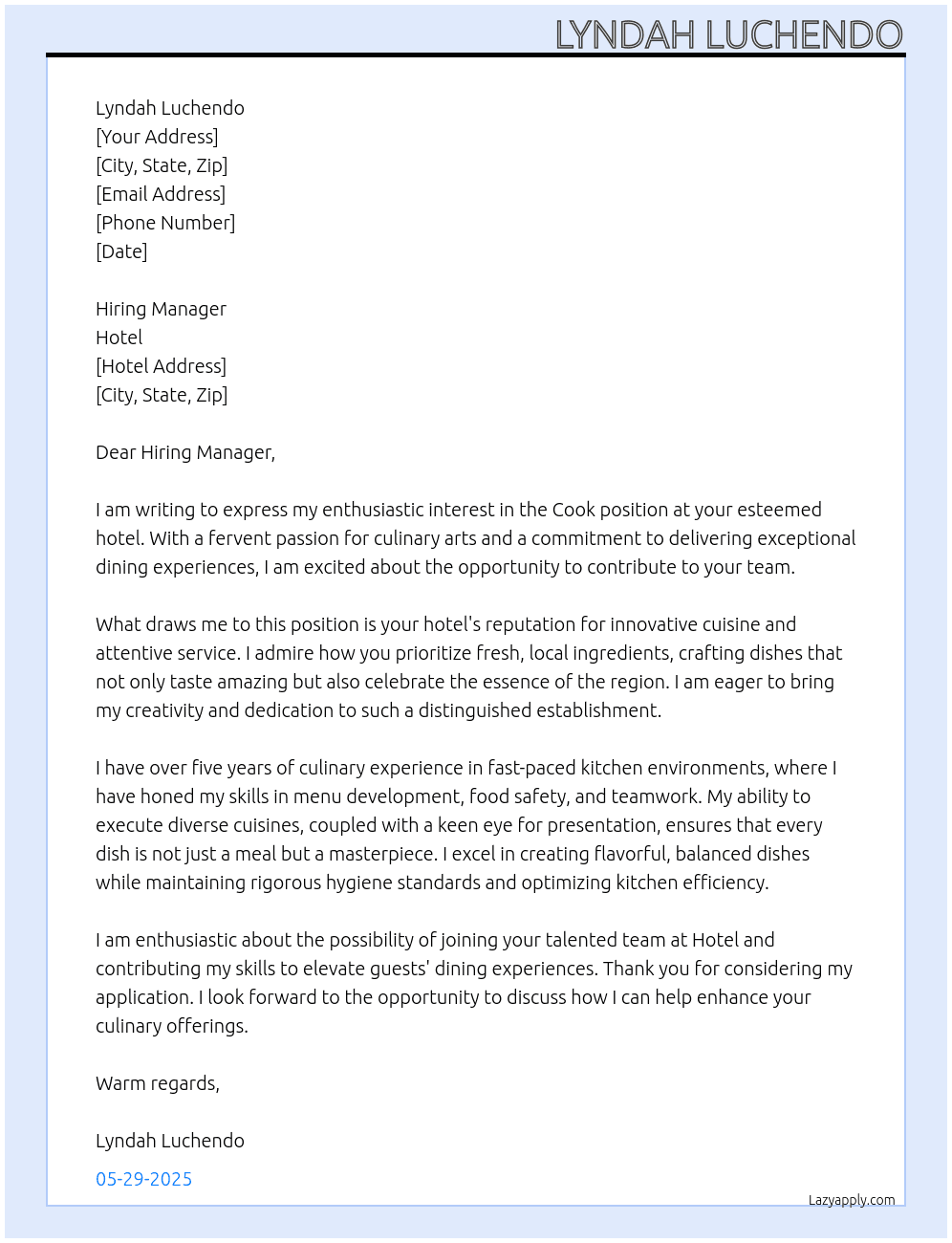 Cook At Hotel Cover Letter