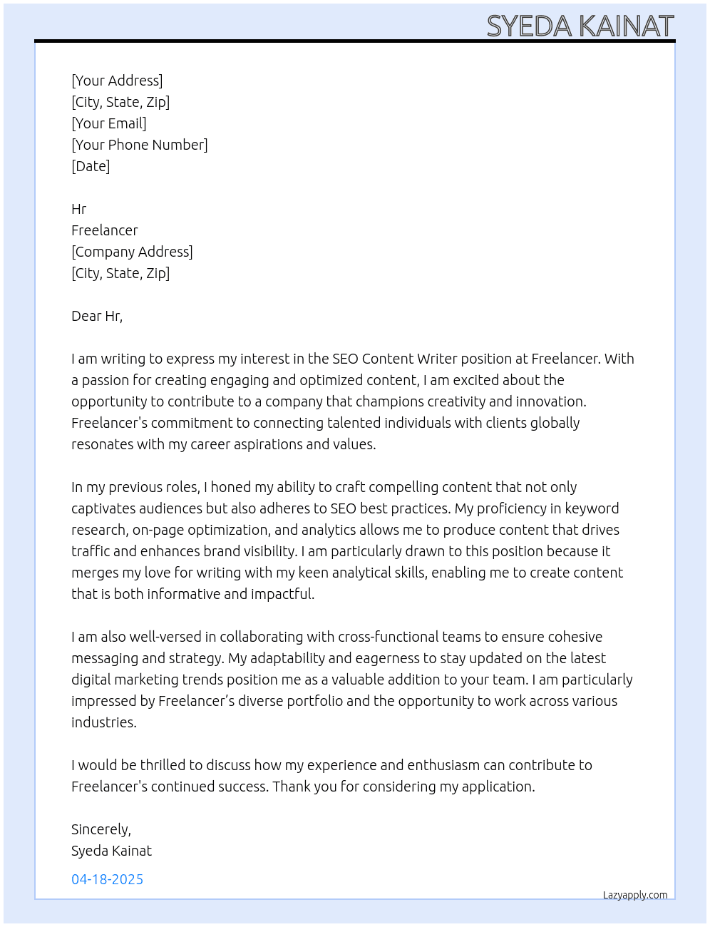 seo content writer At Freelancer Cover Letter