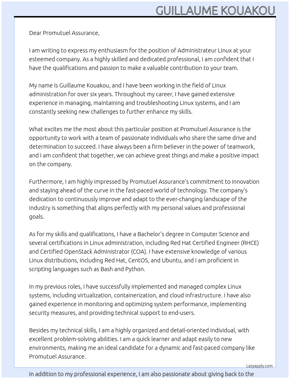 Administrateur Linux At PROMUTUEL ASSURANCE Cover Letter