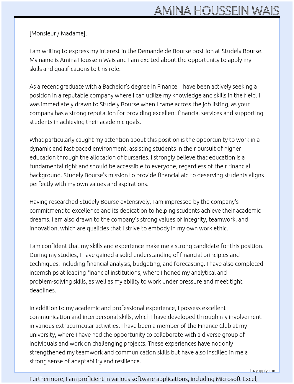 Demande de bourse  At Studely Bourse  Cover Letter