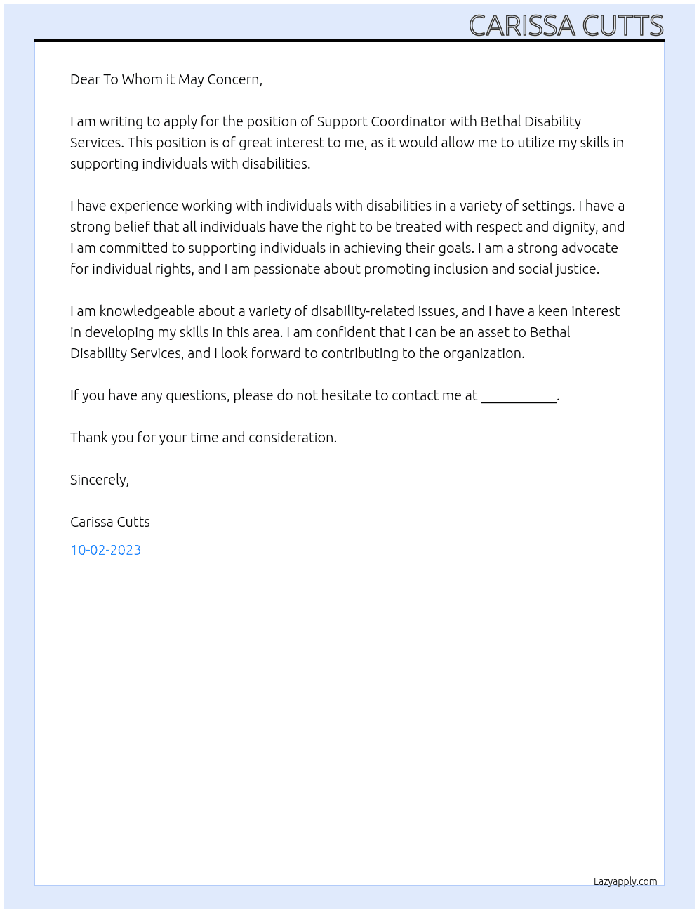 Support Coordinator At Bethal Disability Services Cover Letter