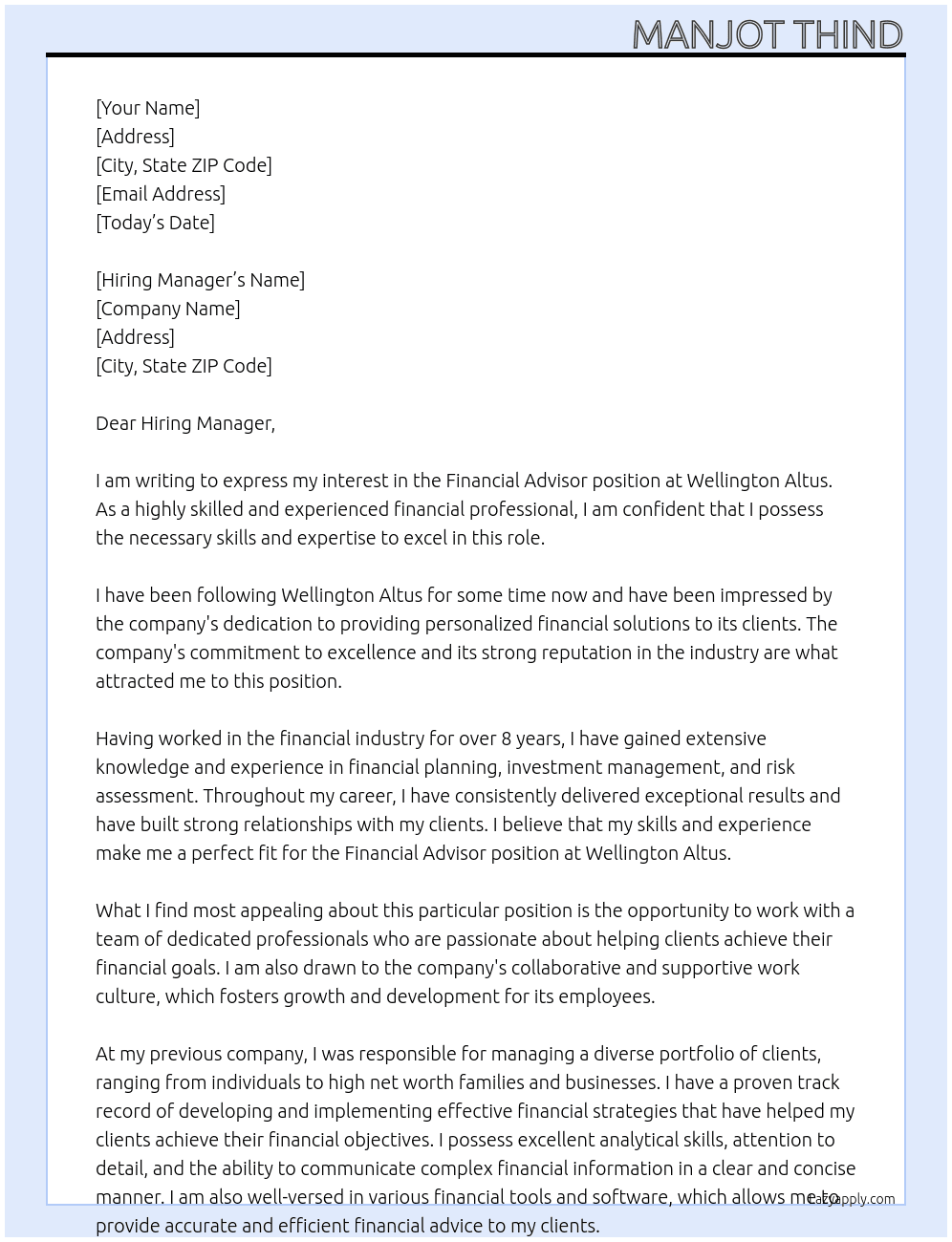 Financial Advisor At Wellington Altus Cover Letter