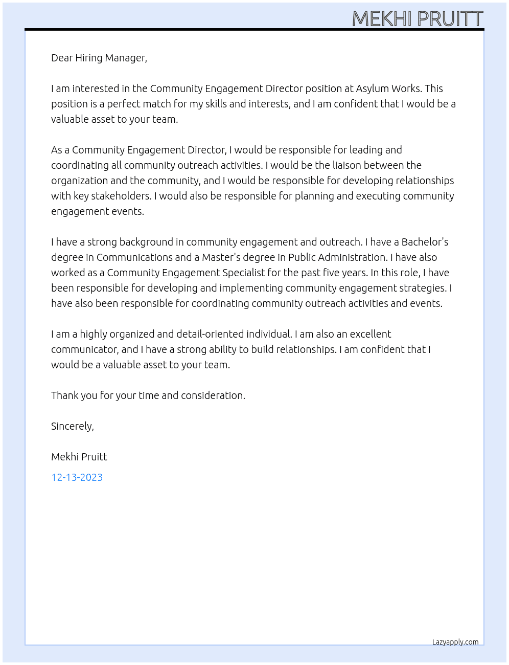 Community Engagement Director At Asylum Works Cover Letter