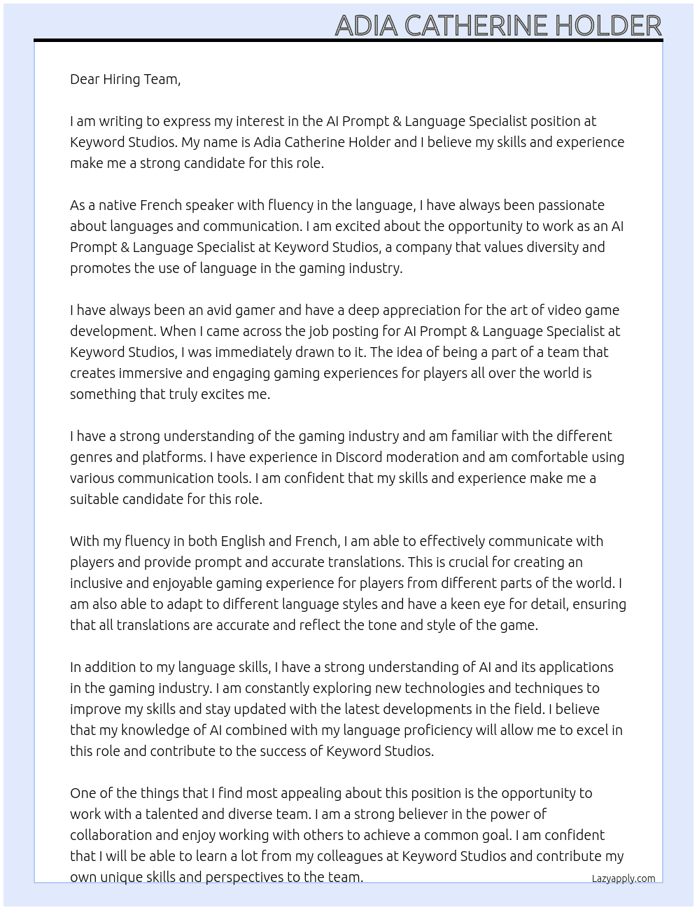 AI Prompt & Language Specialist At Keyword Studios Cover Letter