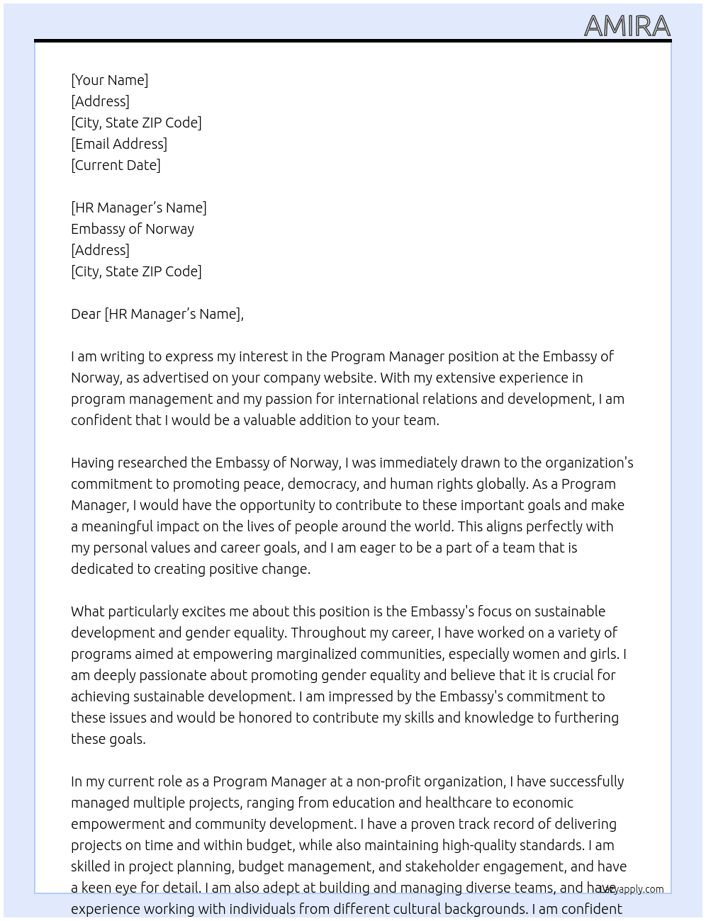 Program Manager At Embassy of Norway Cover Letter