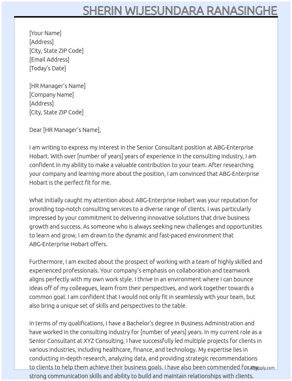 Senior Consultant At ABG -Enterprise Hobart Cover Letter