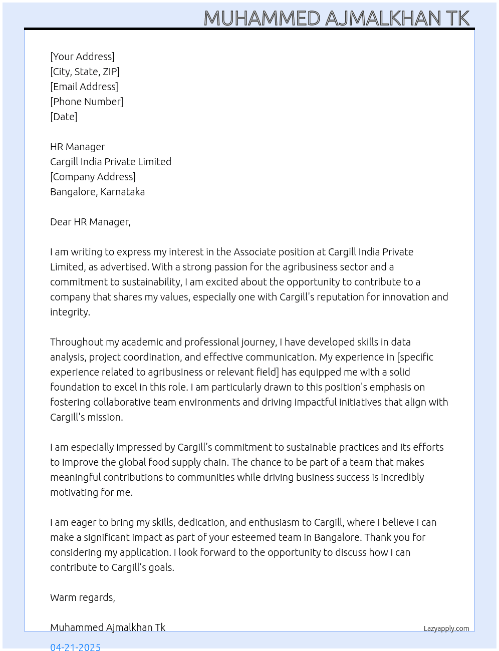 Associate At Cargill india private limited. Cover Letter