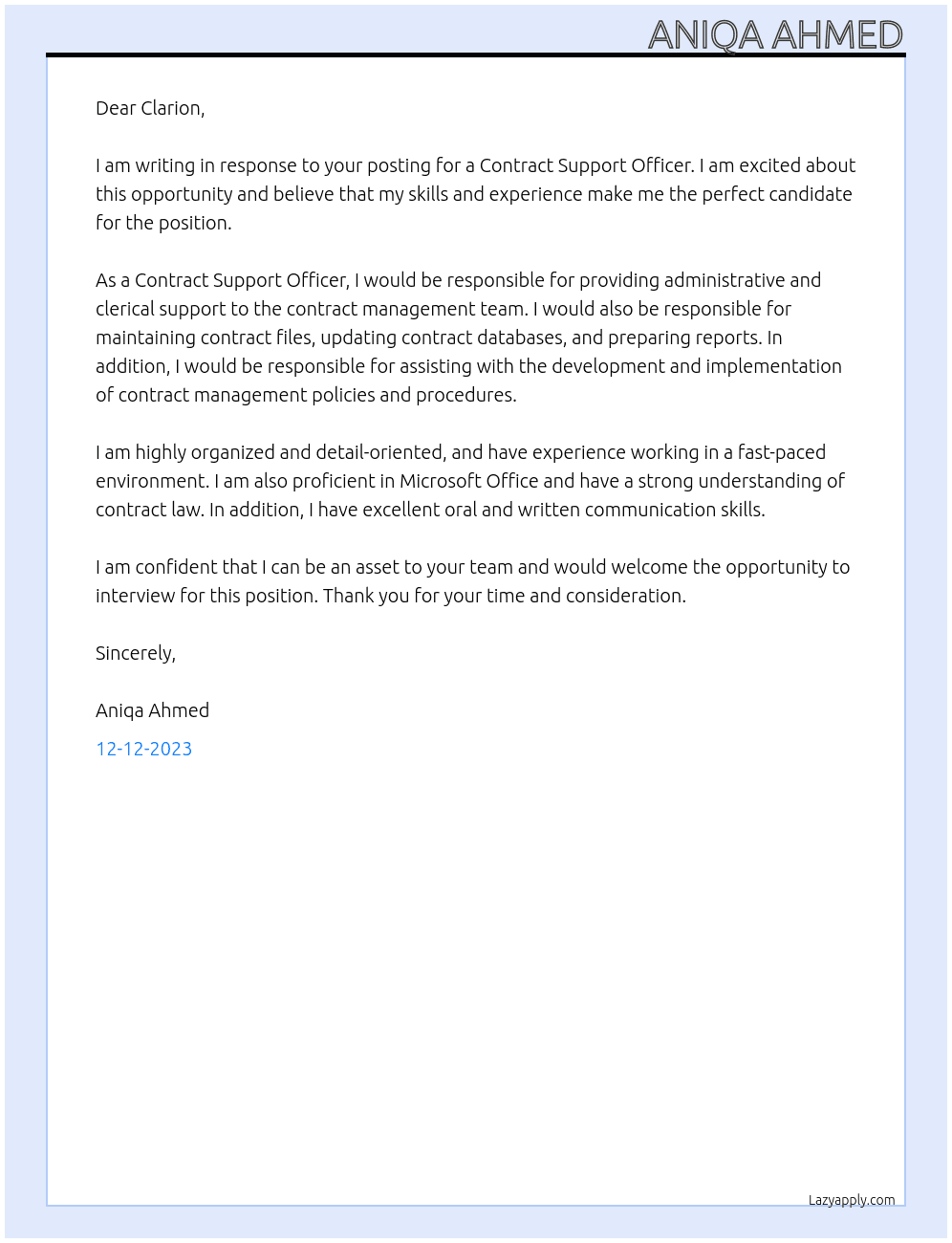 Contract Support Officer At Clarion Cover Letter