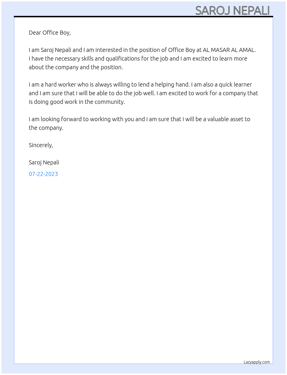 Office Boy  At AL MASAR AL AMAL Cover Letter