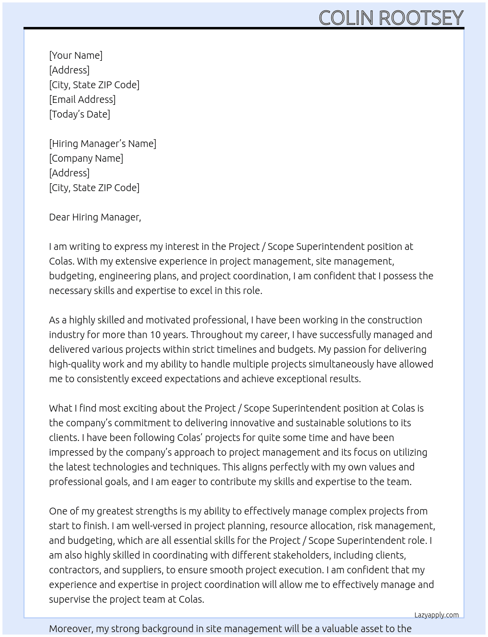 Cover letter for project / scope superintendent - LazyApply