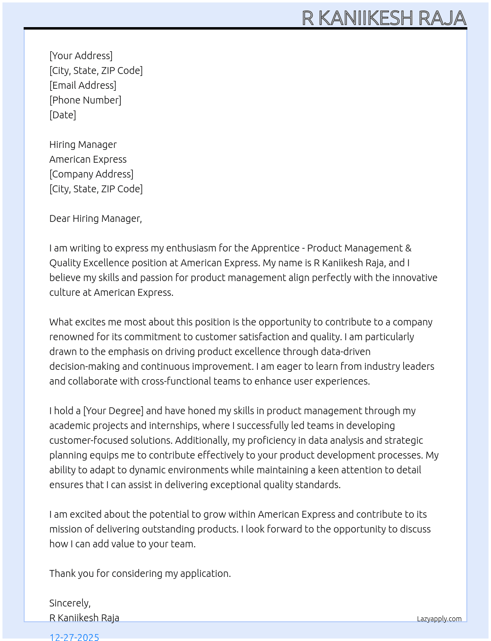 Apprentice - Product Management & Quality Excellence At American Express Cover Letter