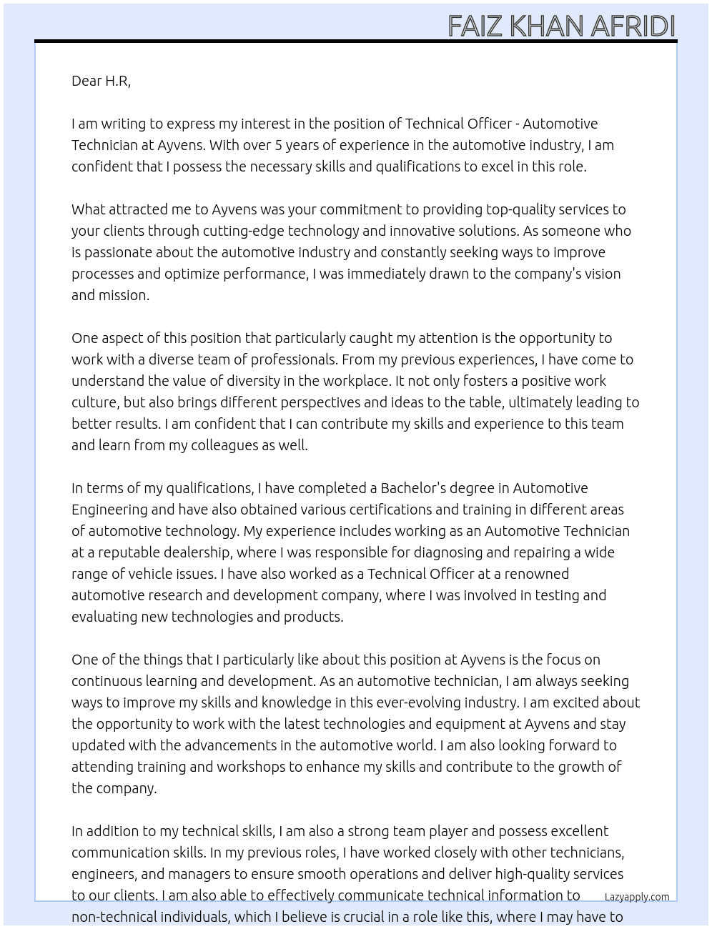 Technical Officer - Automotive Technician At Ayvens Cover Letter