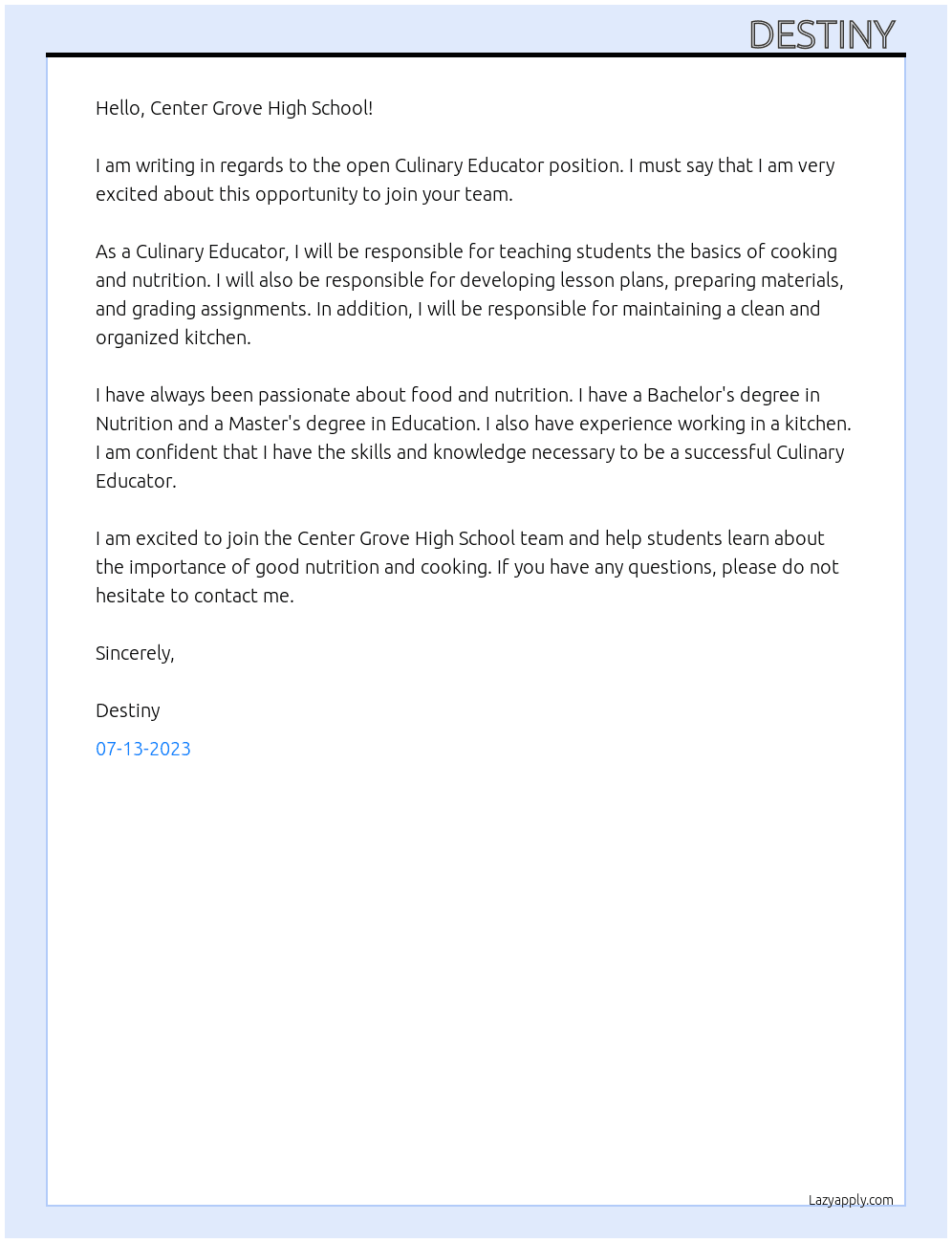 Culinary Educator At Center Grove High School  Cover Letter