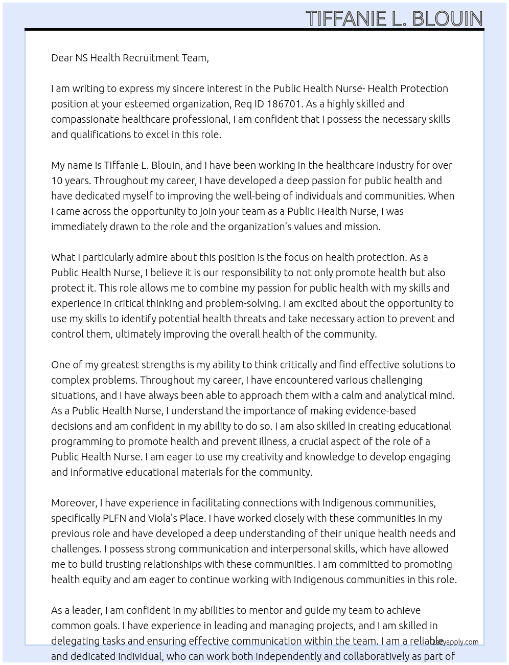 Public Health Nurse- Health Protection  At Req ID 186701 Cover Letter