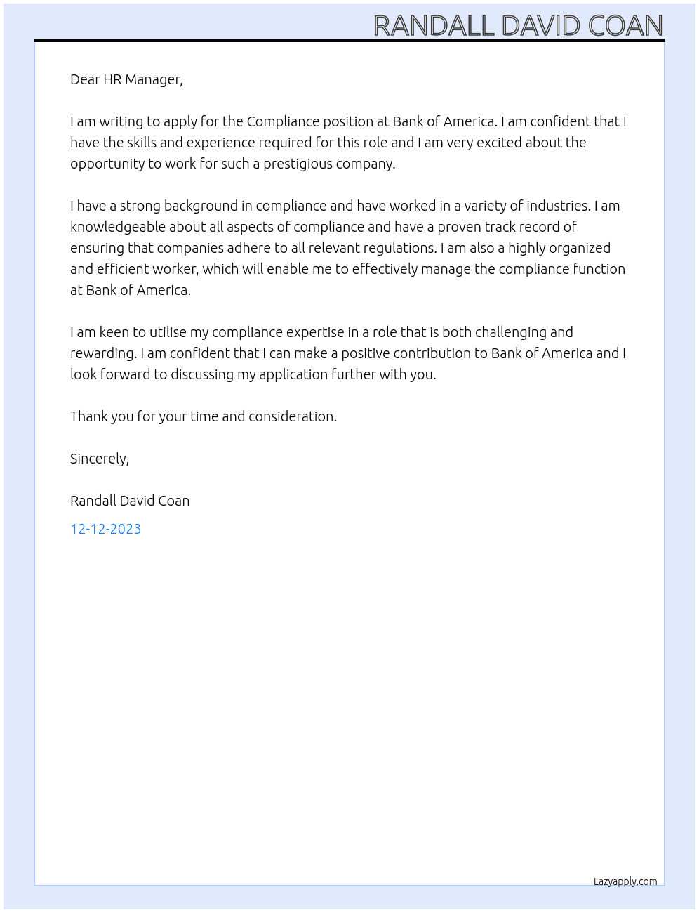 Compliance At Bank of America Cover Letter