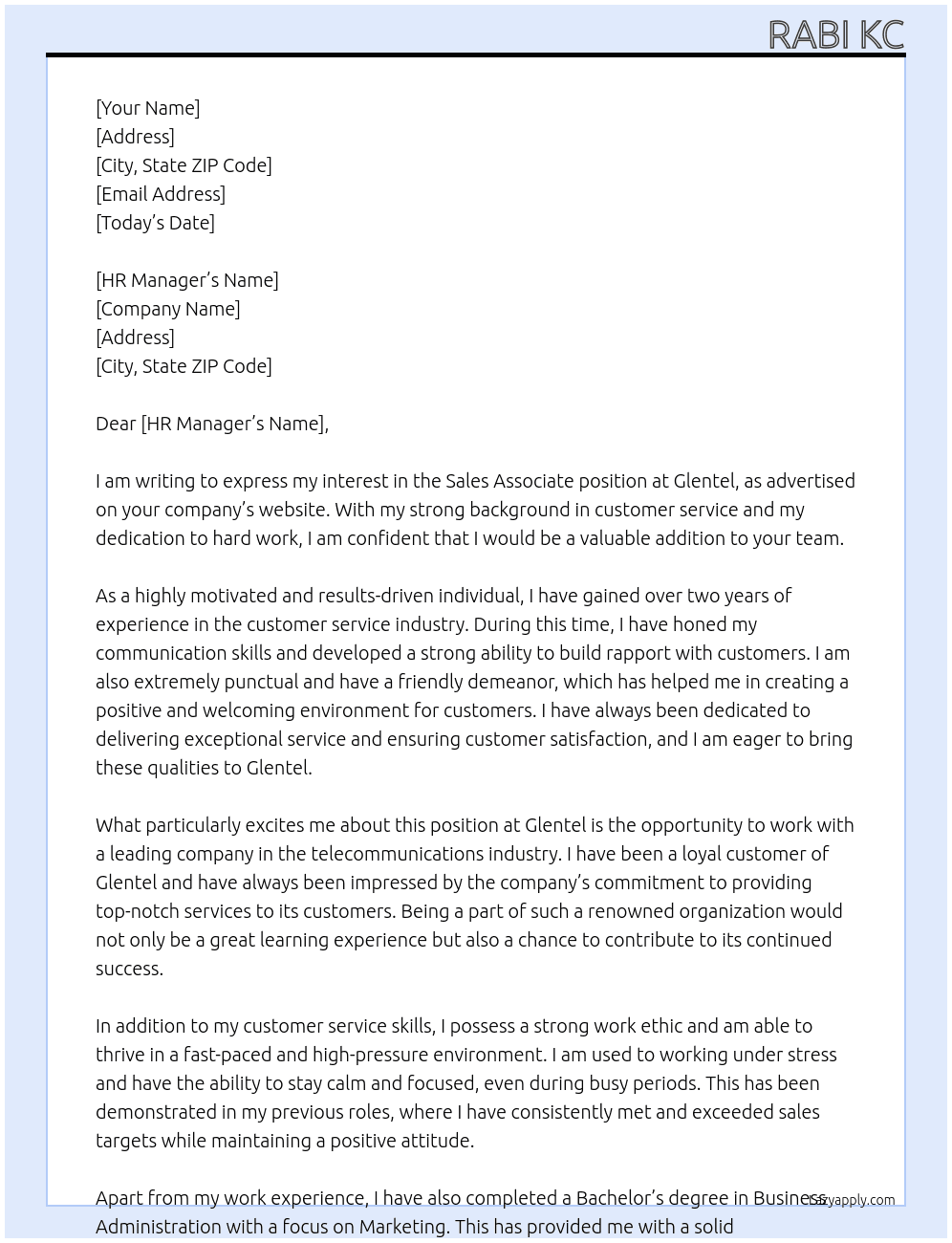 Sales Associate At Glentel Cover Letter
