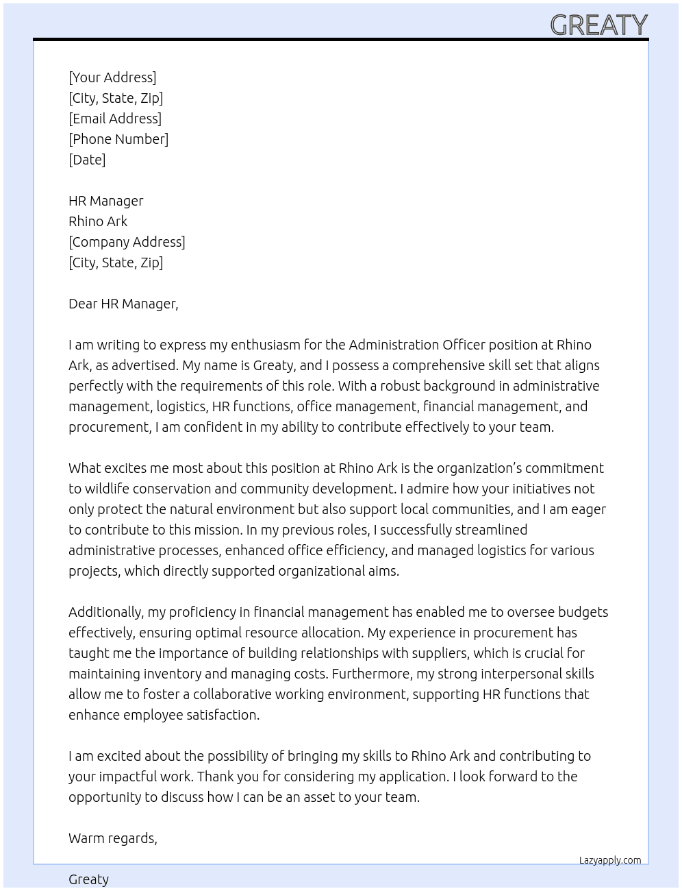 Administration Officer At Rhino Ark Cover Letter