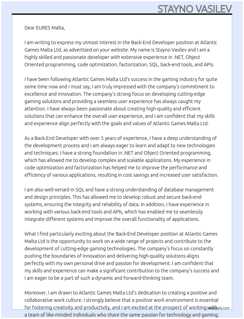 Back-End Develope At Atlantic Games Malta Ltd Cover Letter