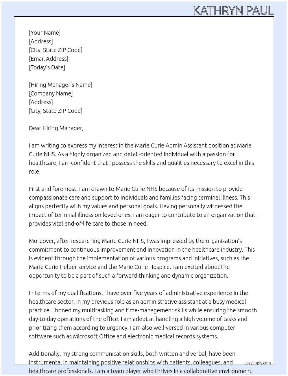 Marie Curie Admin Assistant At Marie Curie NHS Cover Letter