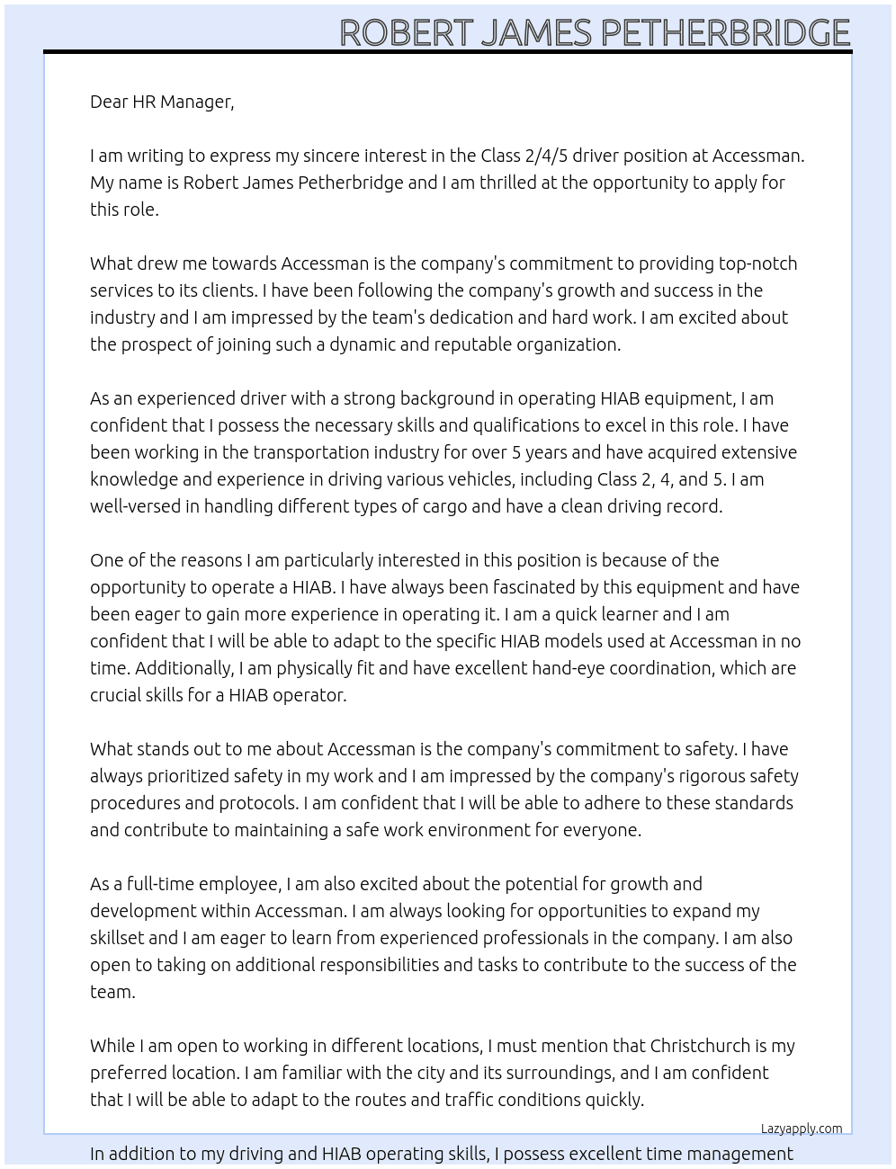 Class 2/4/5 driver At Accessman Cover Letter