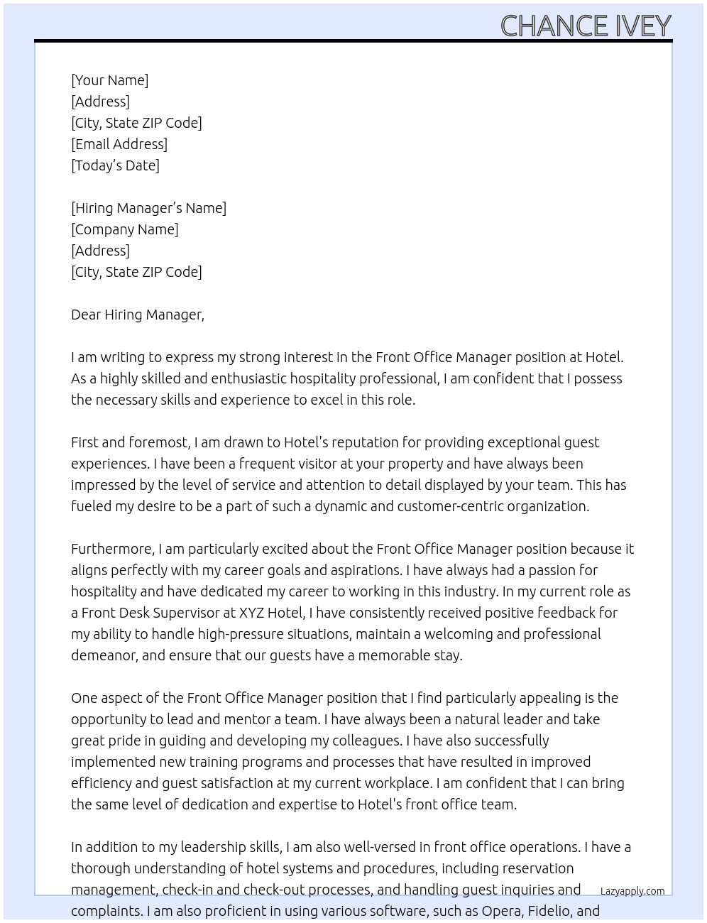 Front Office Manager At Hotel Cover Letter