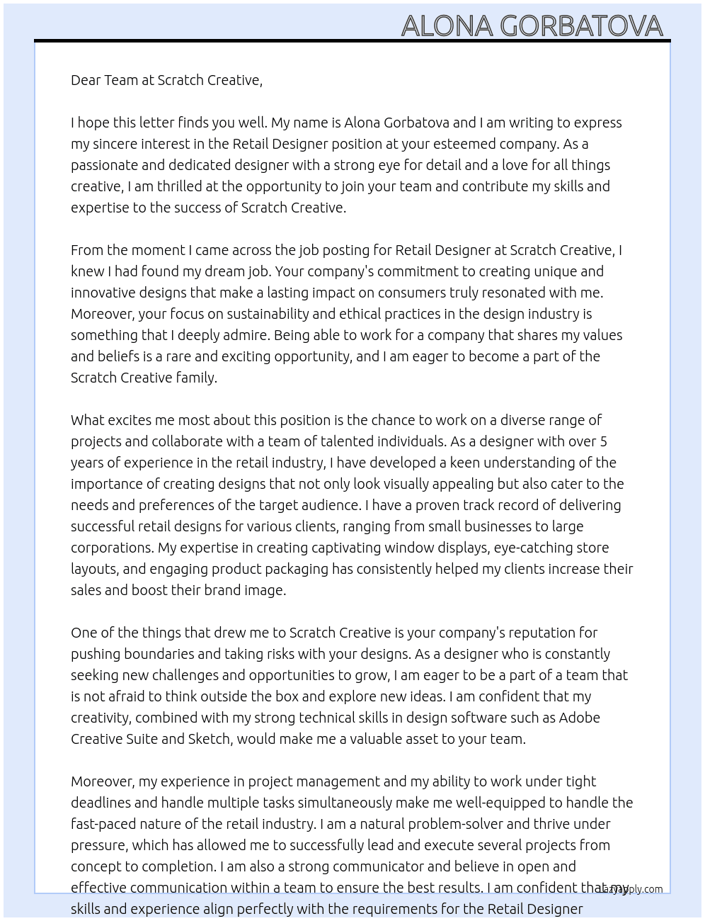 Cover letter for retail designer - LazyApply
