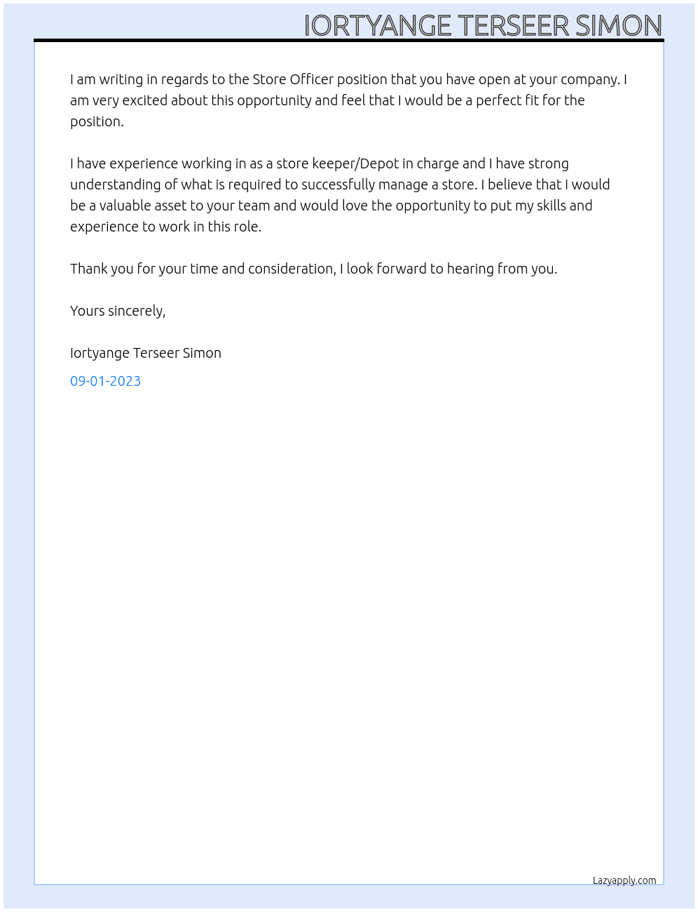 Store Officer  At Five star hotel  Cover Letter
