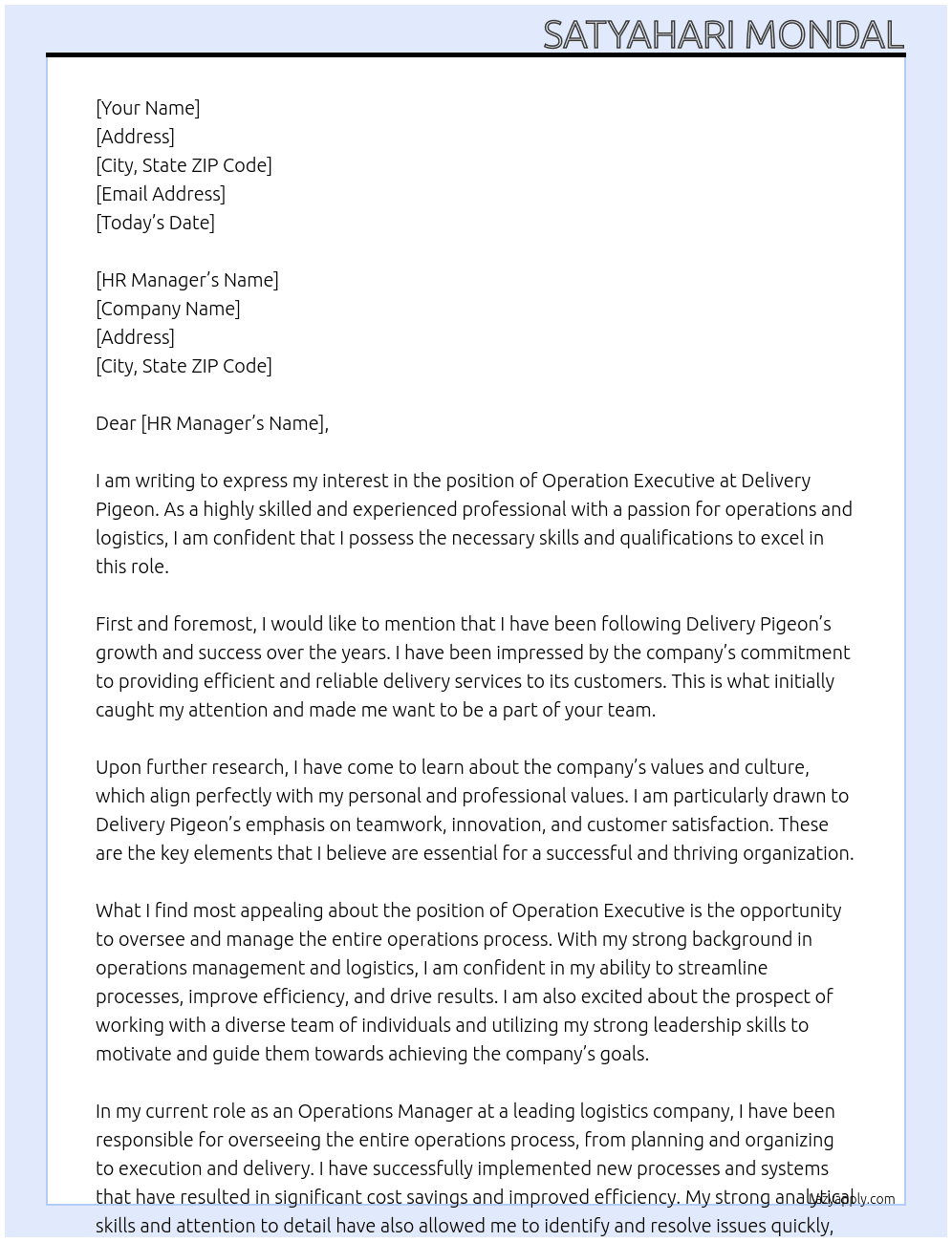 OPERATION EXECUITIVE At Delivery Pigeon Cover Letter