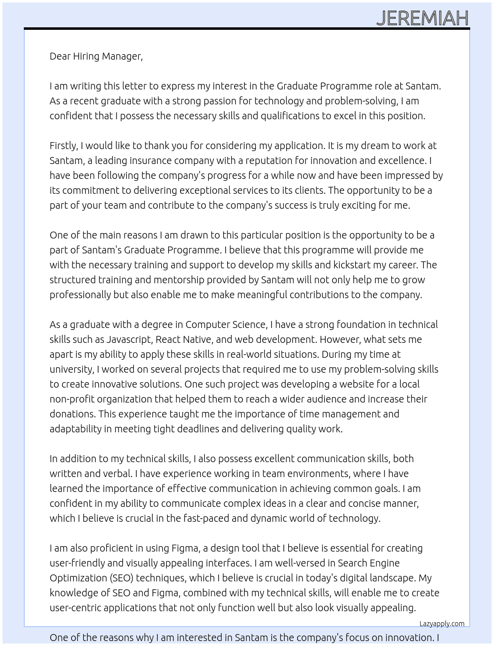 Graduate programme  At Santam Cover Letter