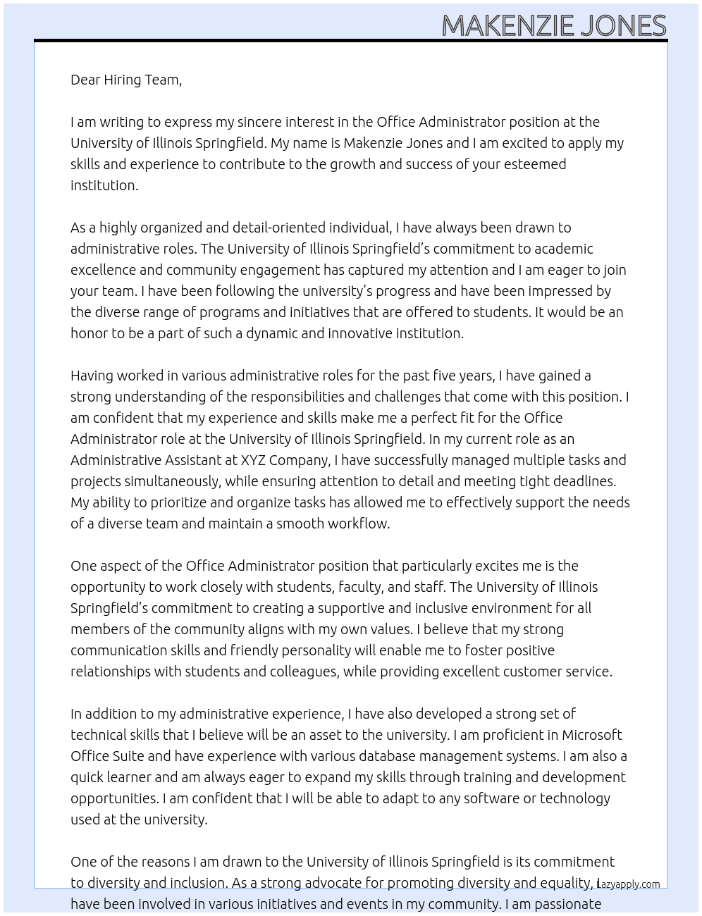 Office Administrator At University of Illinois Springfield Cover Letter