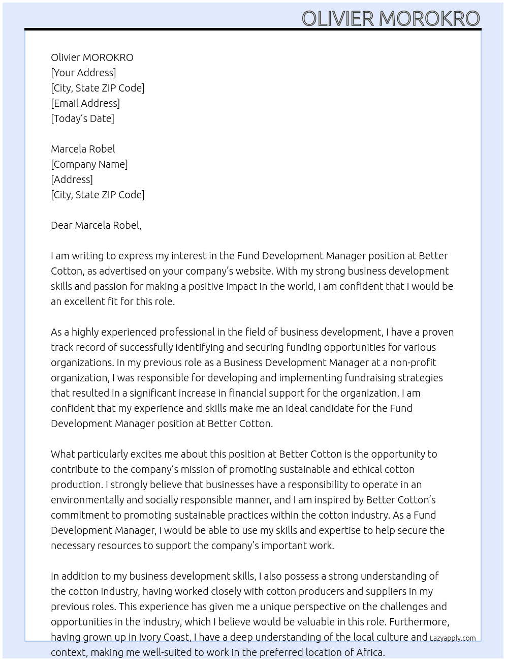 Fund Development Manager At  Better Cotton Cover Letter