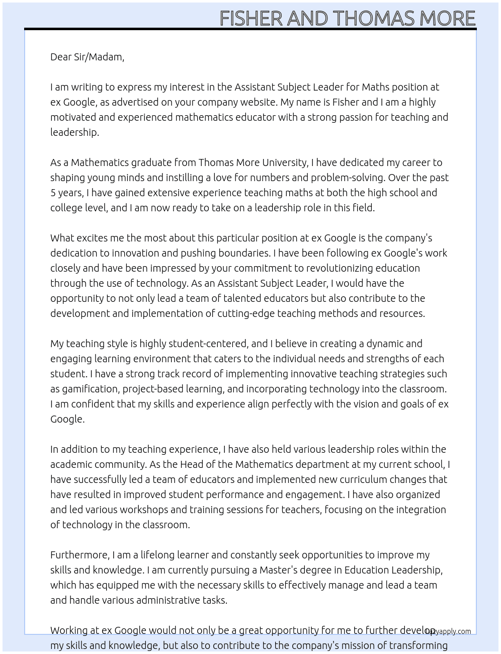 Assistant subject laeder maths At ex google Cover Letter