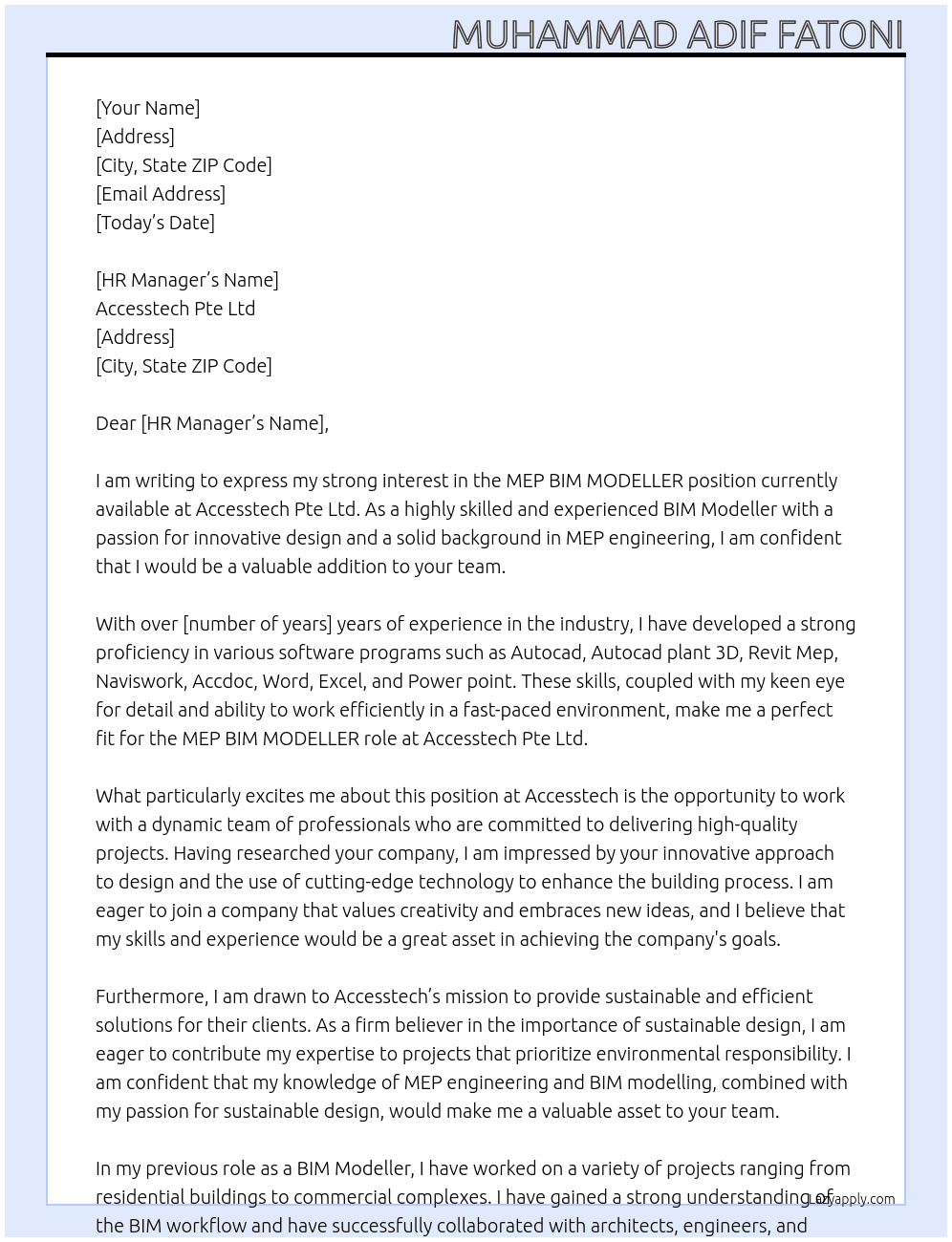 MEP BIM MODELLER At Accesstech Pte Ltd Cover Letter