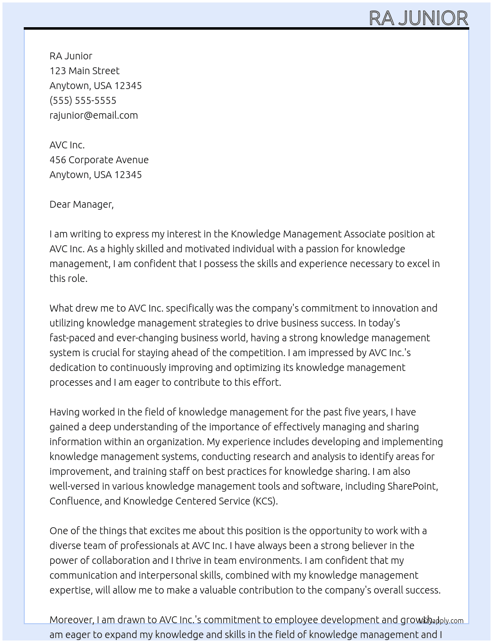 knowledge management associate At AVC inc Cover Letter