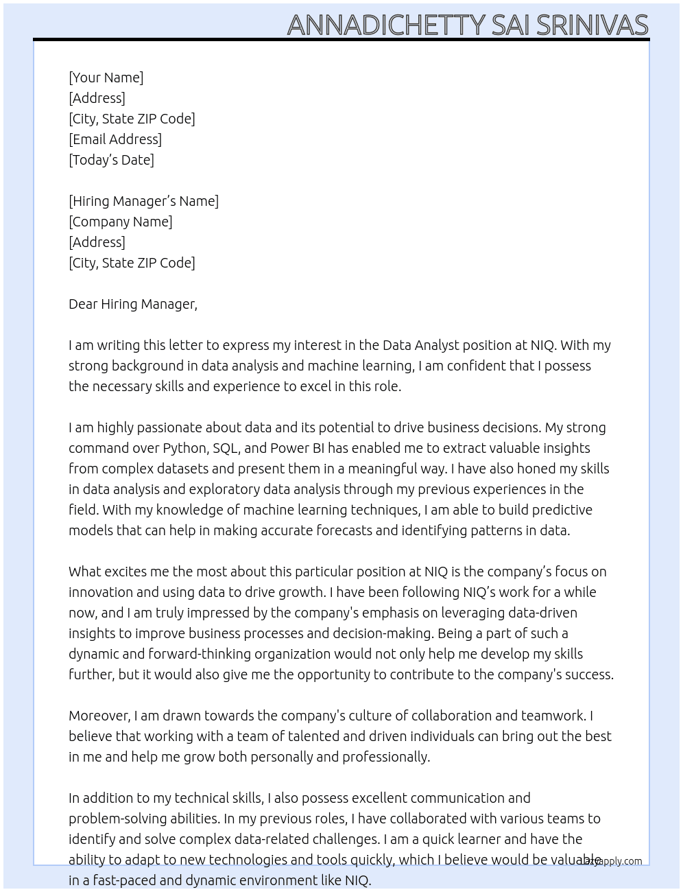 Data Analyst At NIQ Cover Letter