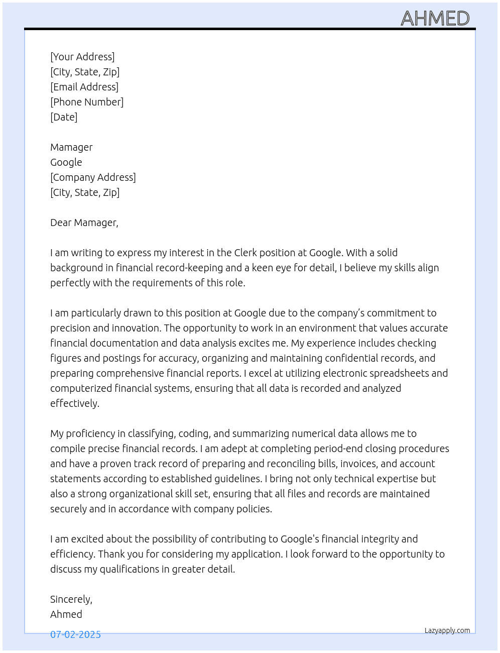 Clerk  At Google  Cover Letter
